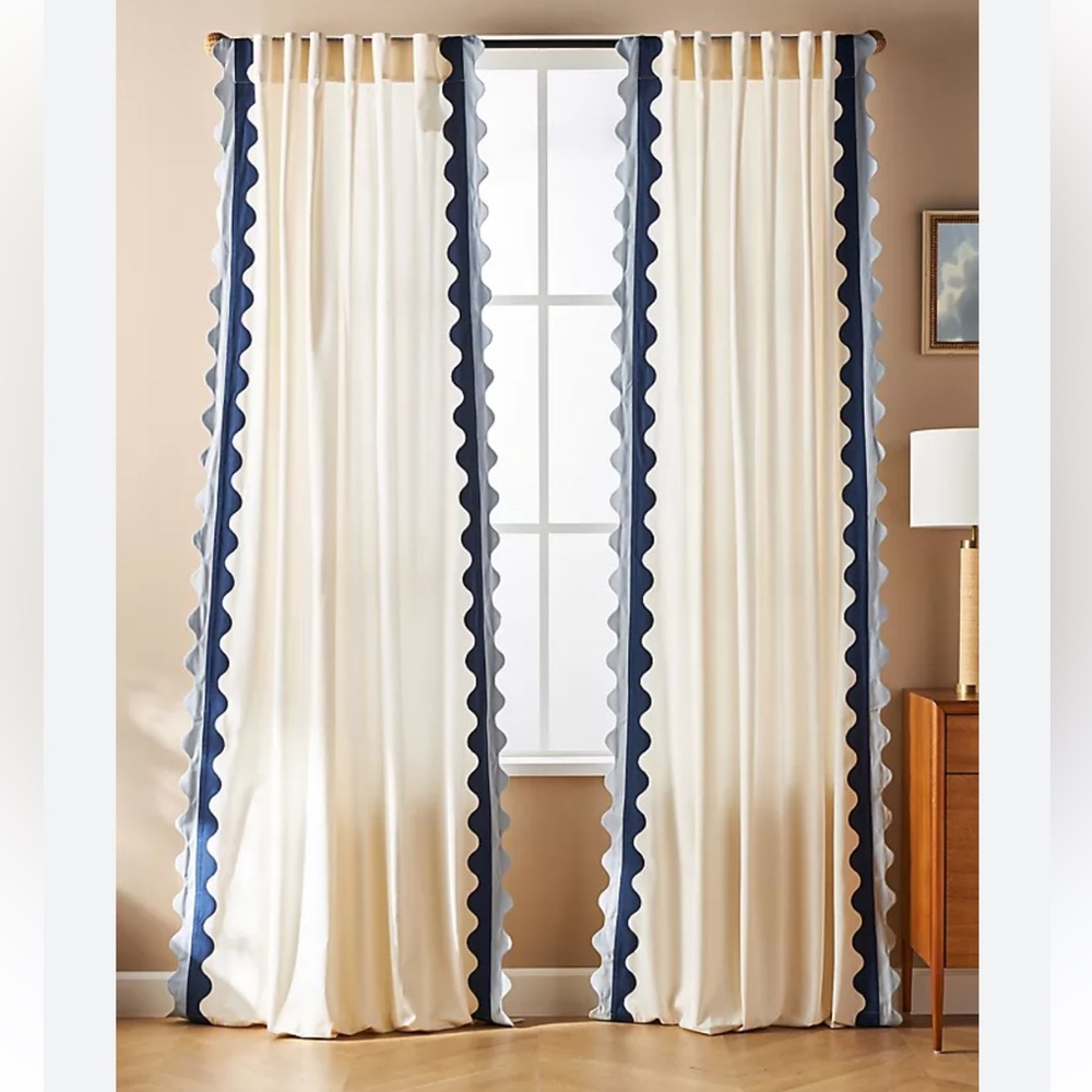 Anthropologie Cream Set Curtains with Navy Scallop Trim